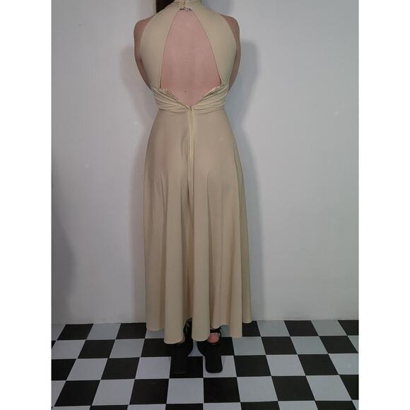 60s 70s Vtg Boho Cream Tan High Neck Maxi Open Back Dress Suede Leather Accent - Picture 7 of 10